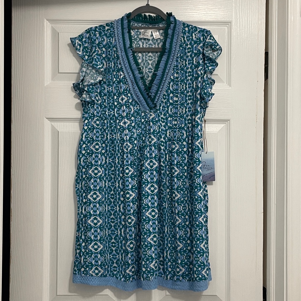 NWT XS Goa beachwear by Japna NET Blue Patterned V-Neck Dress/beach cover up